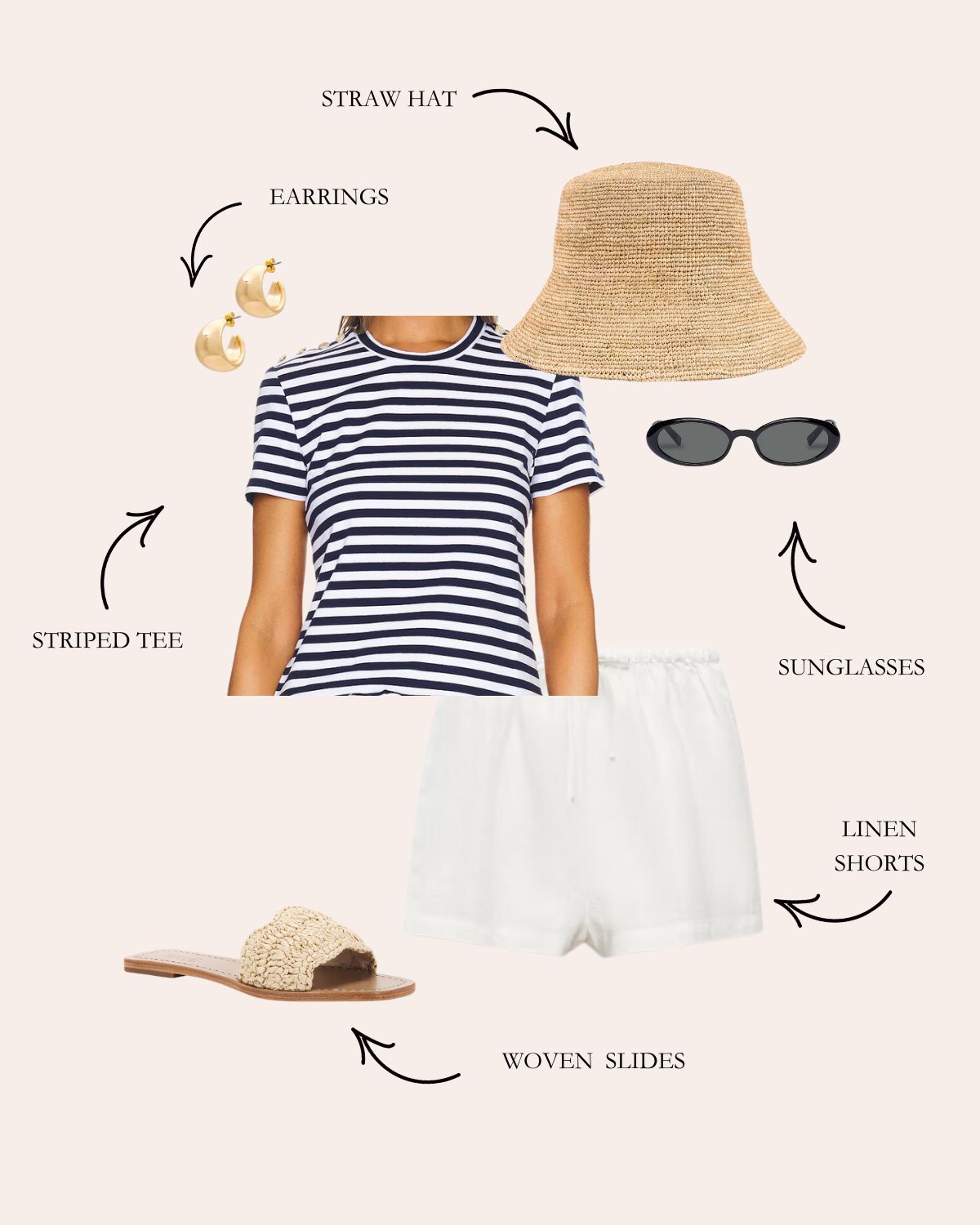 White Shorts Outfit With Striped Tee, Sandals, and a Sun Hat
