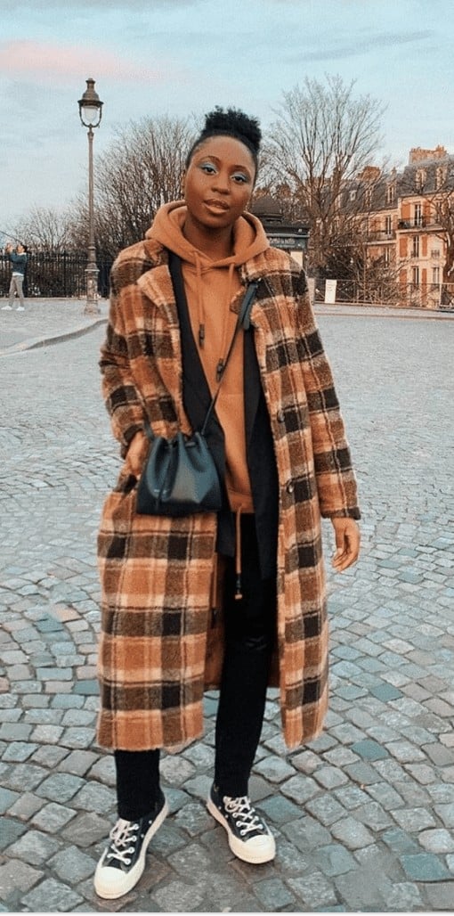 plaid coat outfit Sweatshirt, denim and plaid coat