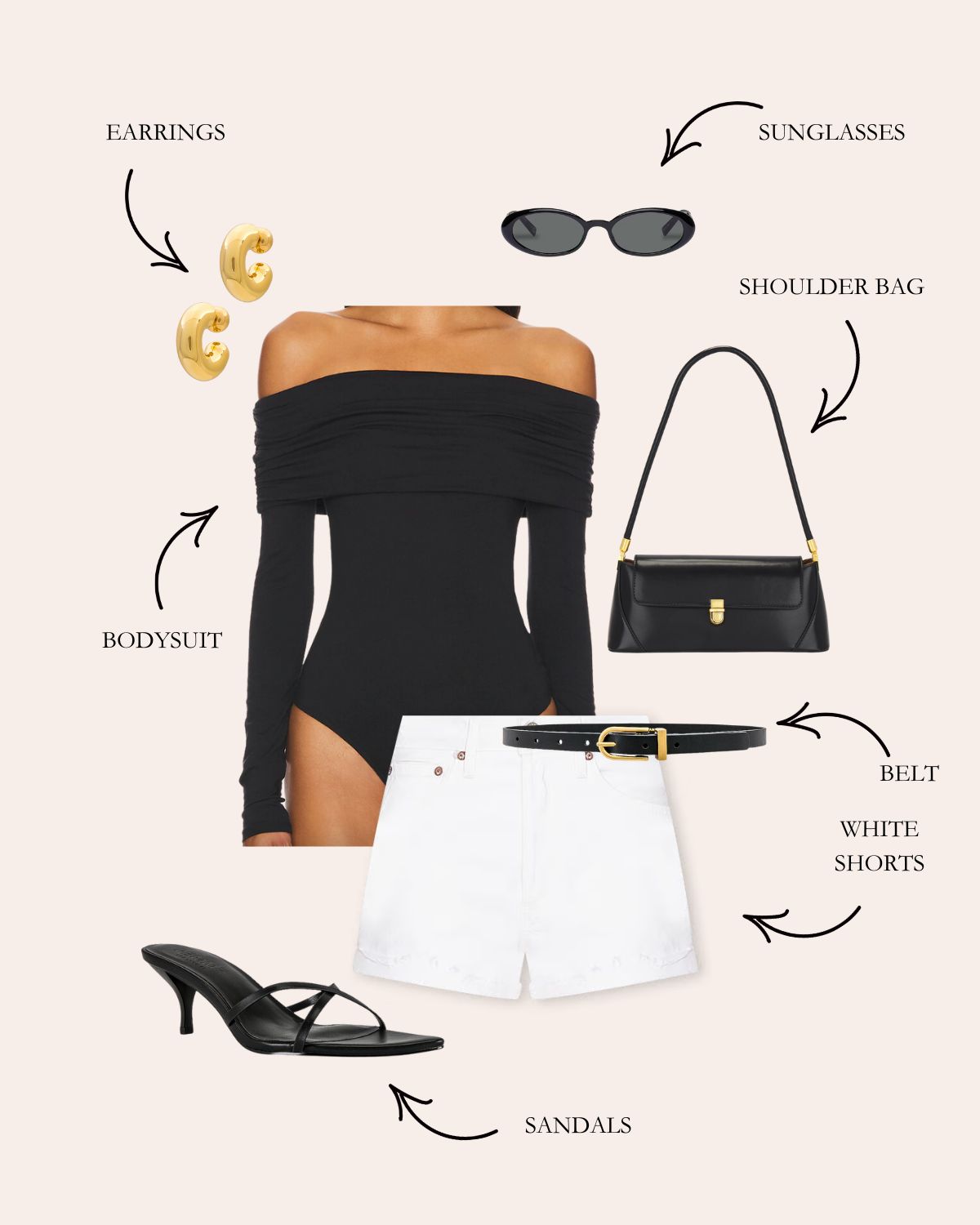 White Shorts Outfit With Black Off-The-Shoulder Bodysuit, Black Sandals, Black Belt, Shoulder Bag, Sunglasses, and Gold Jewelry
