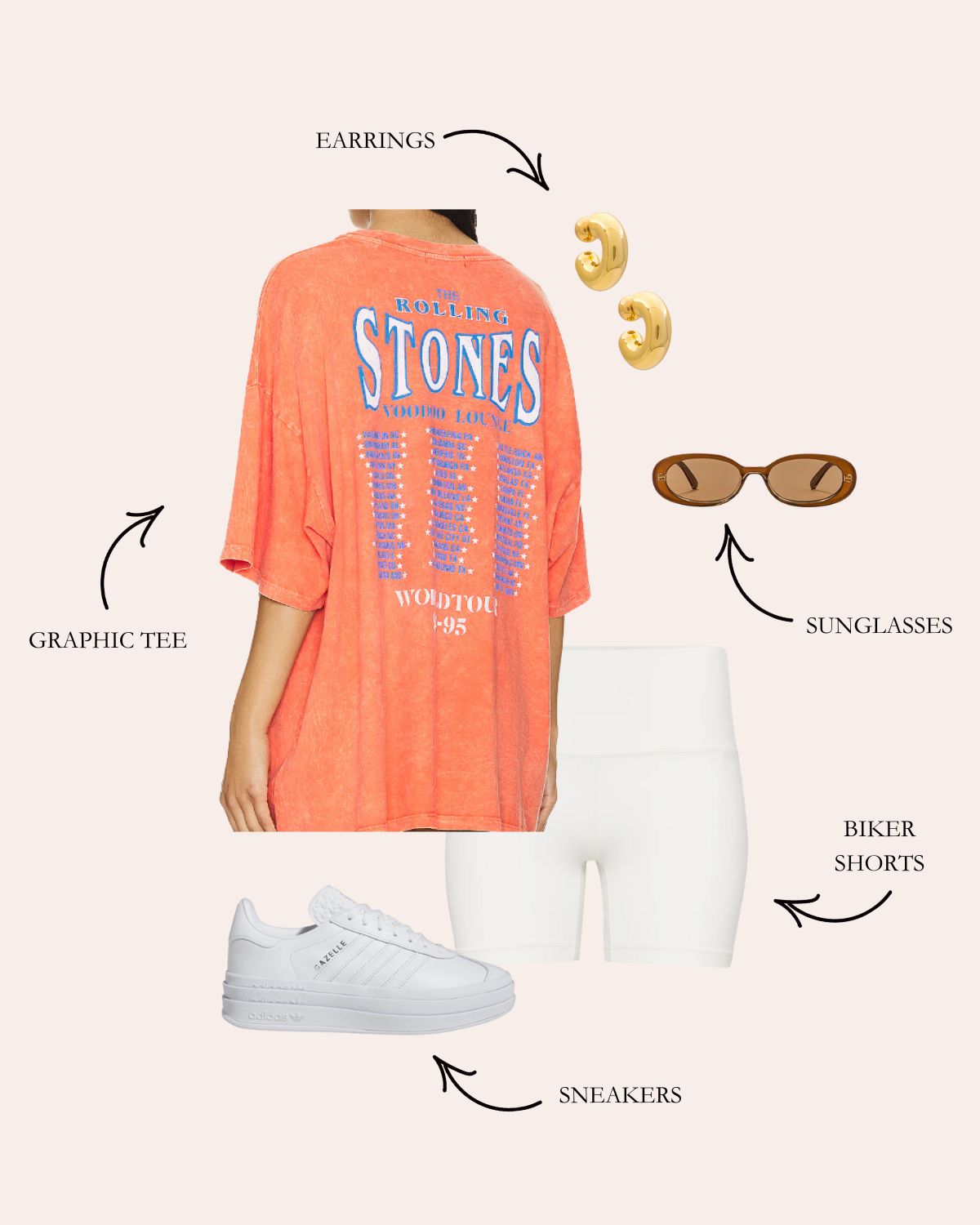 White Shorts Outfit With Orange Graphic Band Tee, White Sneakers, and Gold Jewelry
