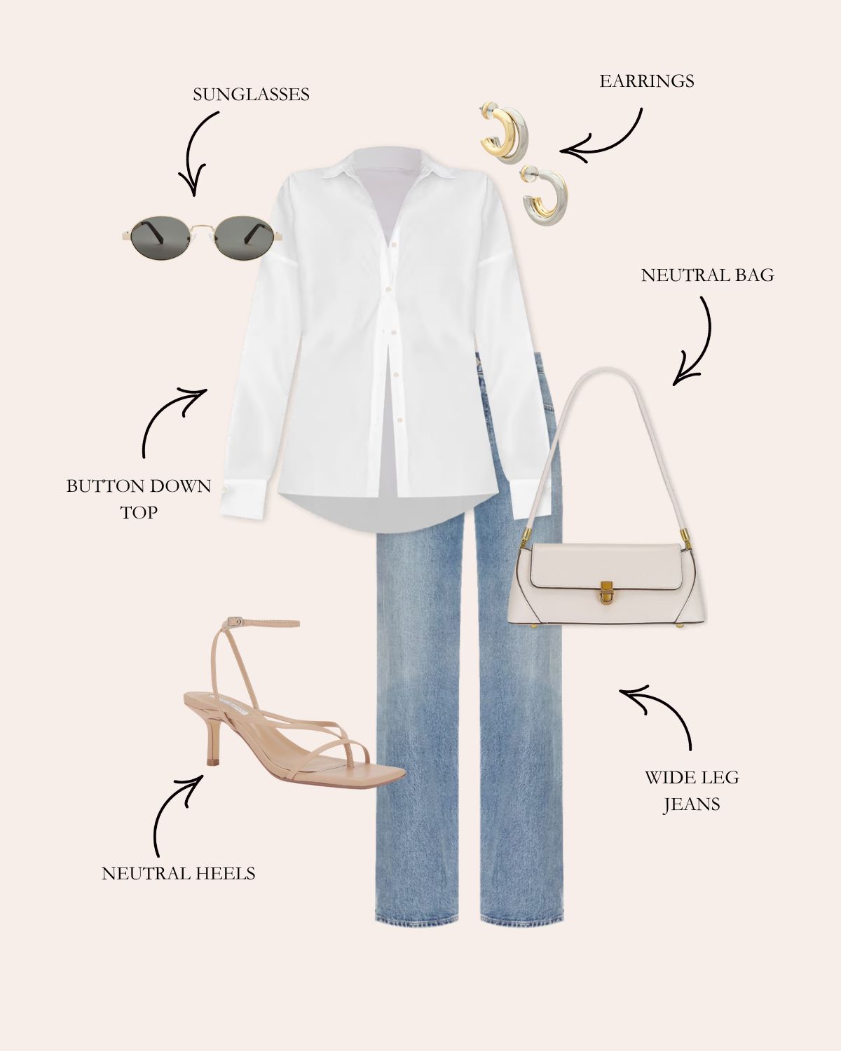 Button Down Shirt with Wide Leg Jeans, Neutral Heeled Sandals, Sunglasses, Two Tone Silver and Gold Earrings, and Accessories