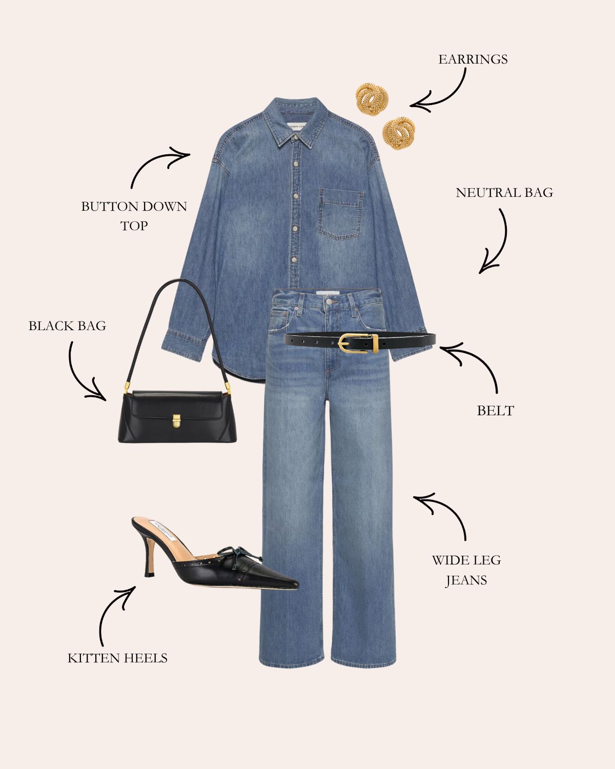 Denim Button Down Shirt with Wide Leg Denim Jeans, a Black Belt, Black Pointed Toe Kitten Heels, and Accessories