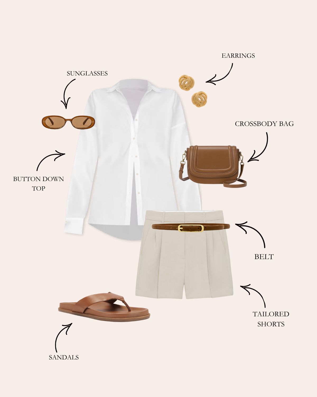Button Down Shirt with Tailored Shorts, Brown Belt, Brown Leather Flip Flop Sandals, and Accessories