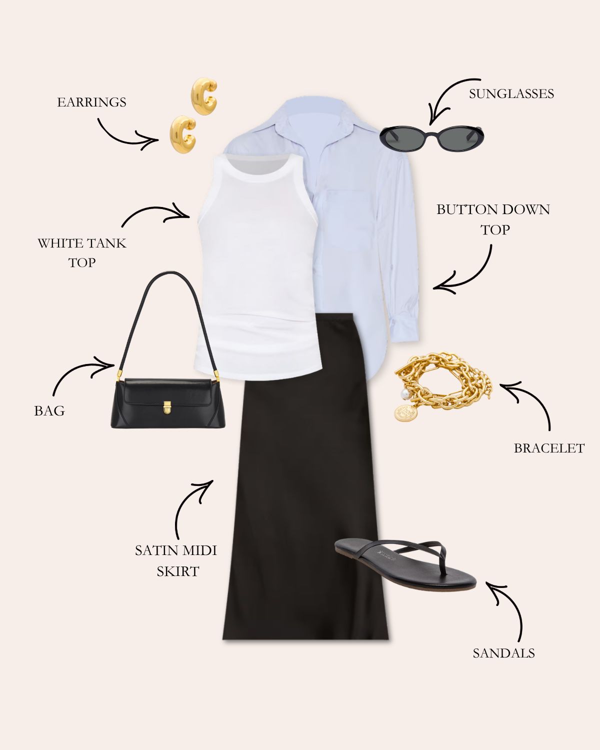 Button Down Shirt with Black Satin Midi Skirt, White High Neck Tank Top, Black Flip Flop Sandals, Sunglasses, and Gold Jewelry