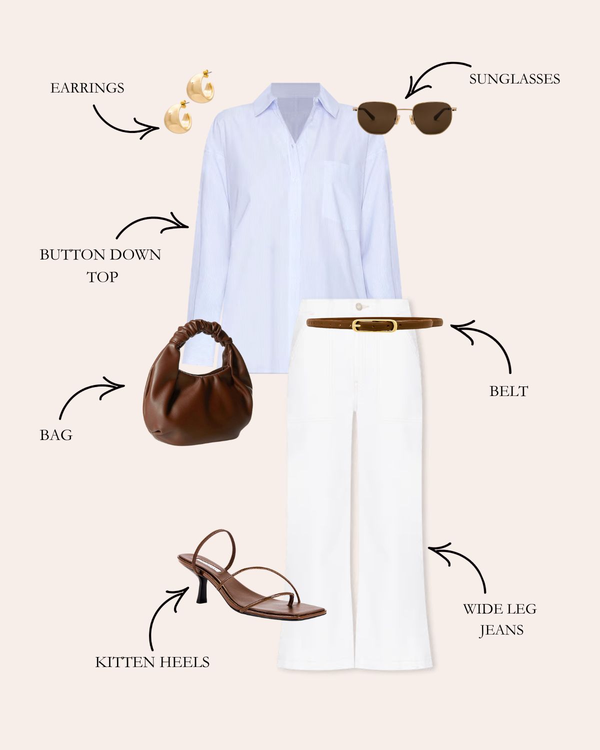 Button Down Shirt with White Wide Leg Jeans, Brown Belt, Brown Kitten Heel Sandals, Sunglasses, and Earrings