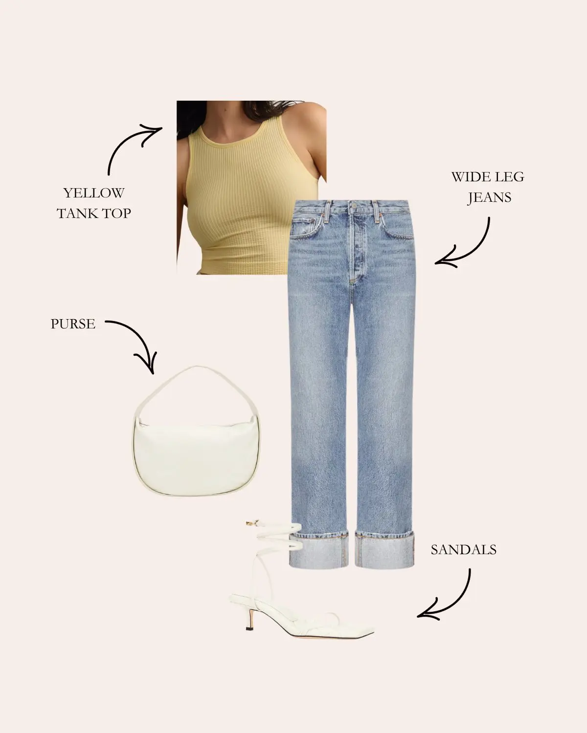 wide leg jeans with yellow tank top wide leg jeans outfit with a yellow tank top and white heels