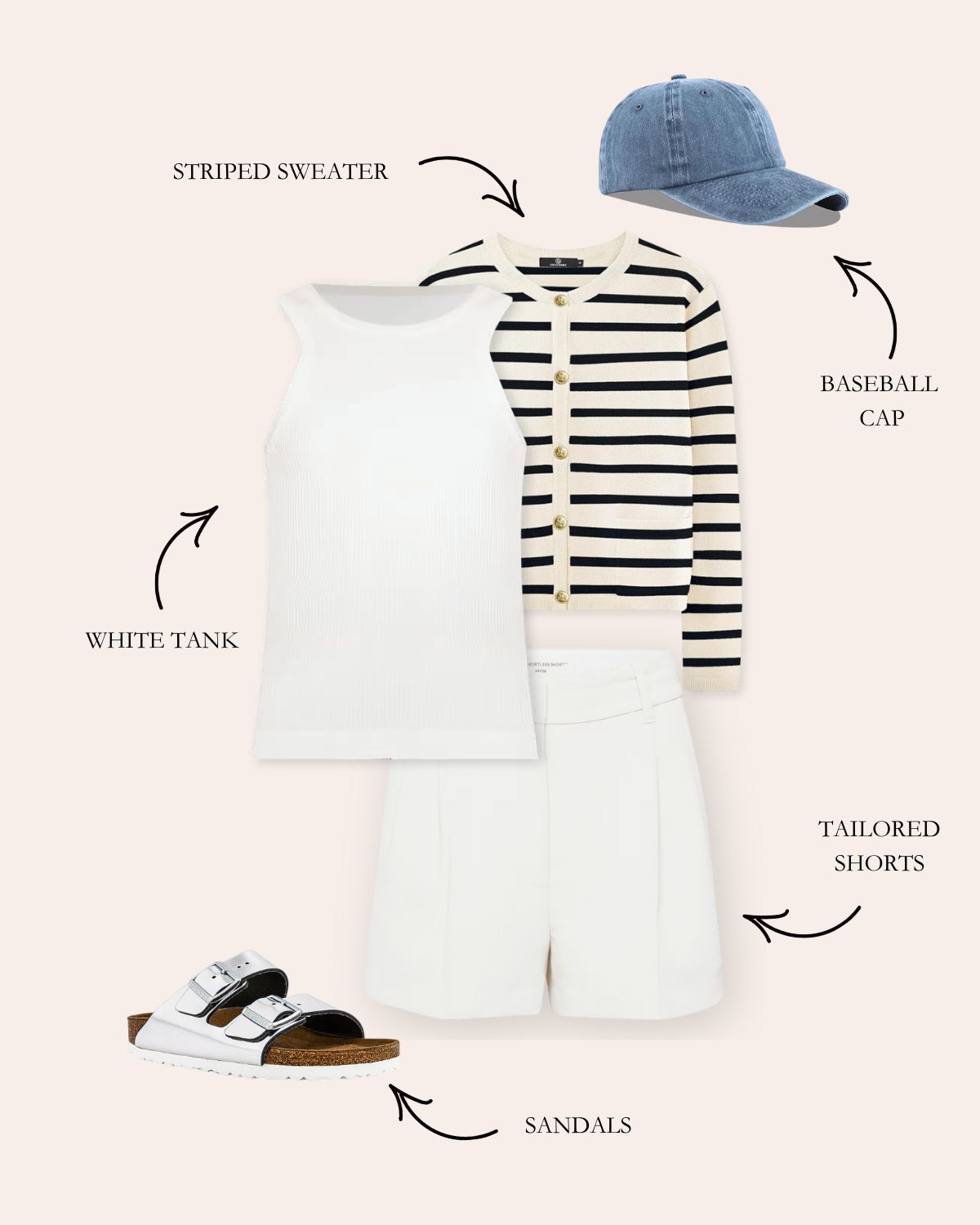 White Shorts Outfit With White Tank Top, Striped Sweater, Denim Baseball Cap, and Sandals