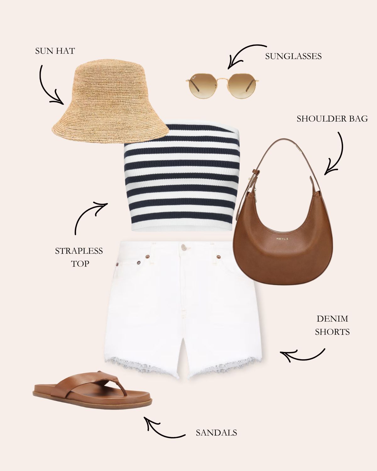 White Shorts Outfit With Striped Strapless Top, Sunhat, Sunglasses, and Brown Flip Flip Sandals