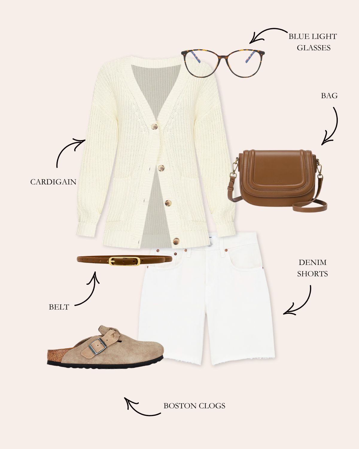 White Shorts Outfit With Cream Cardigan, Brown Bag, Brown Belt, Blue Light Glasses, and Birkenstock Boston Clogs