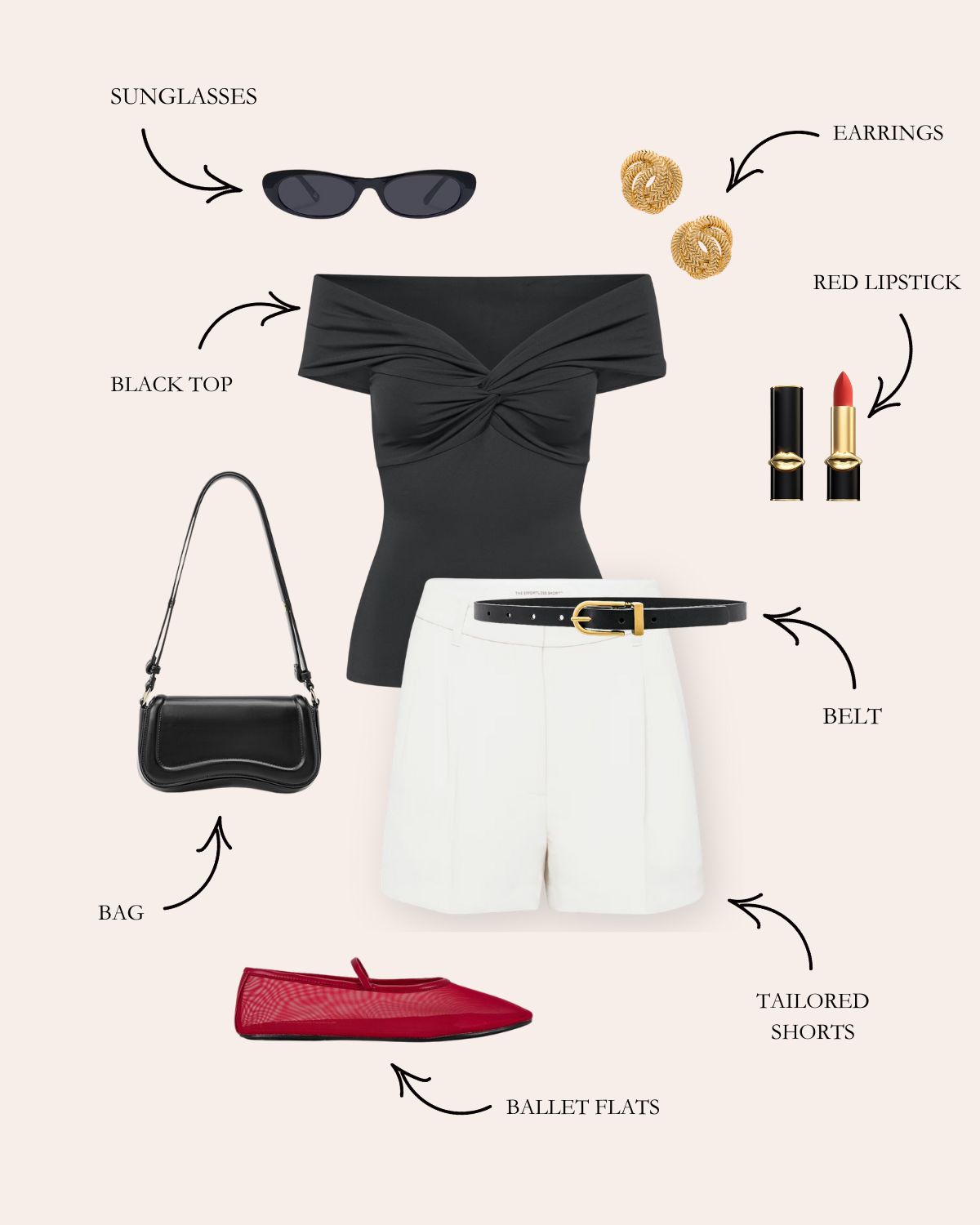 White Shorts Outfit With Black Off-The-Shoulder Twist Front Top, Black Belt, Red Ballet Flats, Gold Jewelry, and Red Lipstick