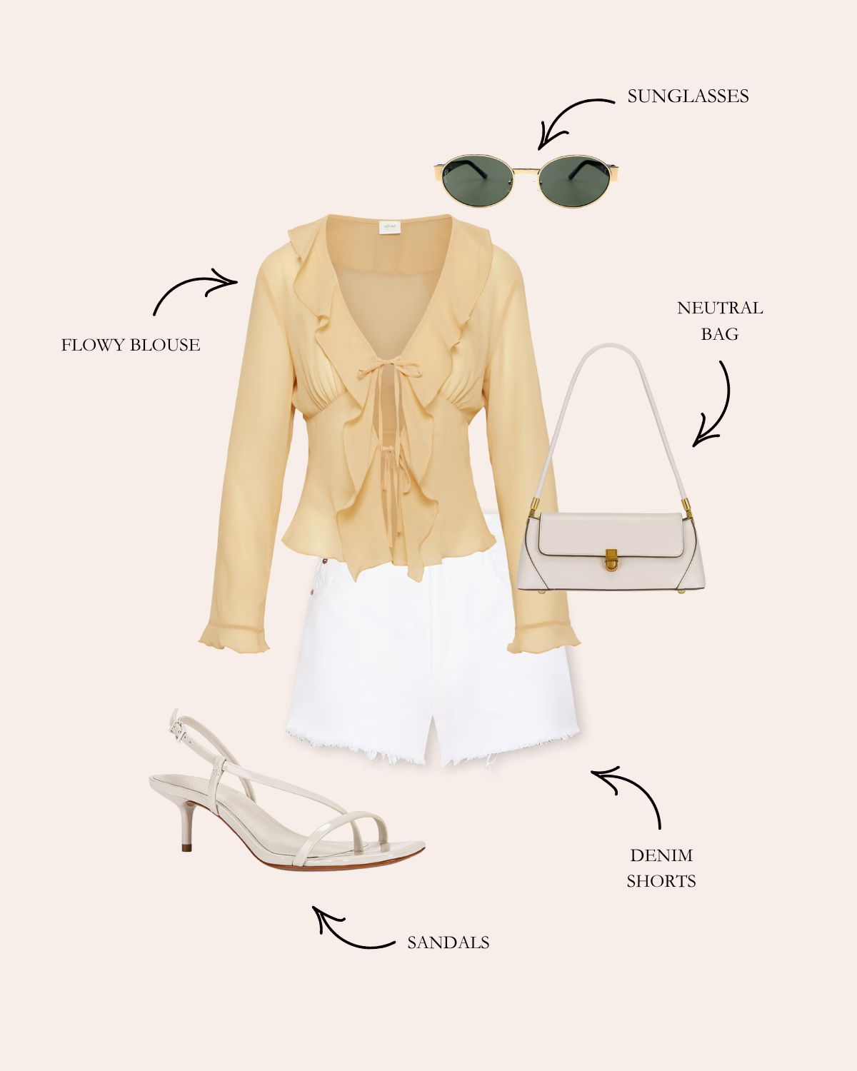 White Shorts Outfit With Flowy Blouse, Cream Bag, Kitten Heel Sandals, and Gold Sunglasses