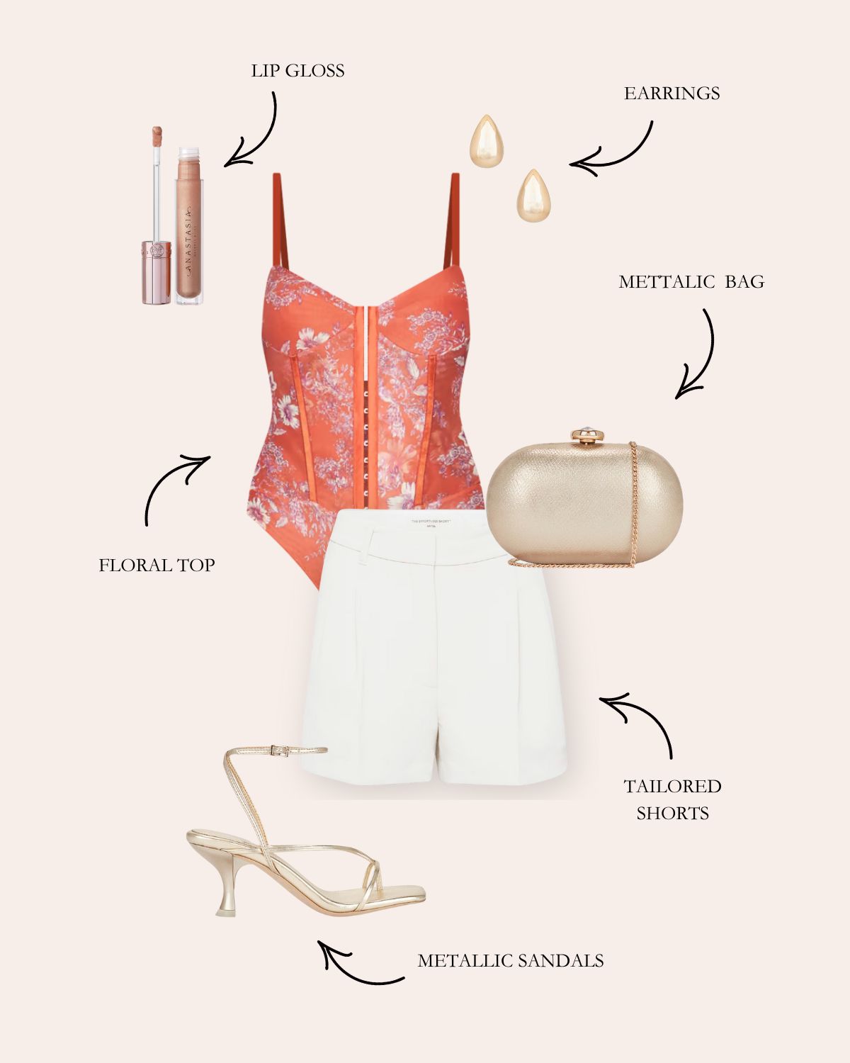 White Shorts Outfit With Floral Coral Colored Bustier Bodysuit, Gold Metallic Heels, Gold Metallic Clutch, Gold Earrings, and Lipgloss