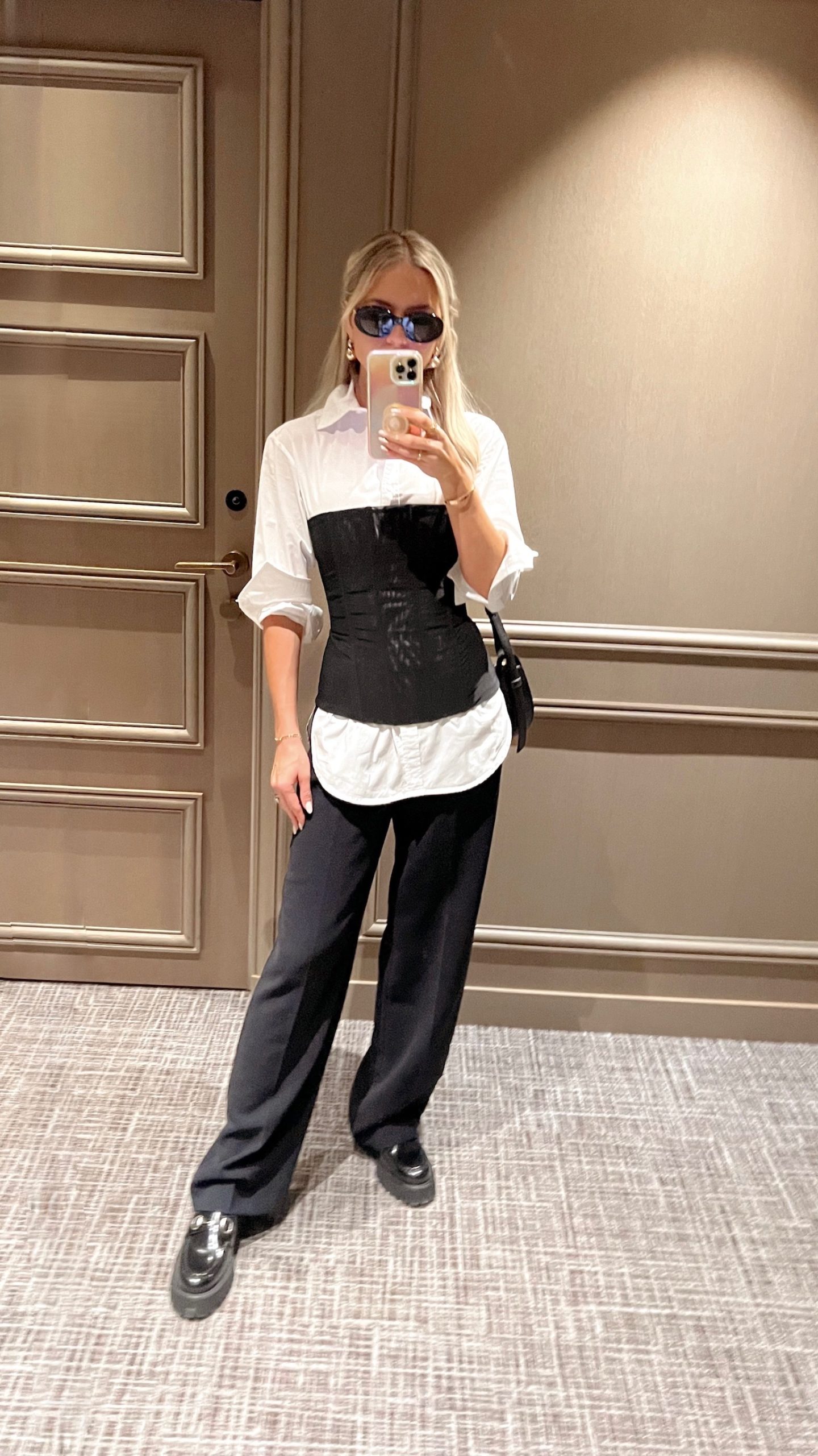 white button up shirt with jeans and a corsette