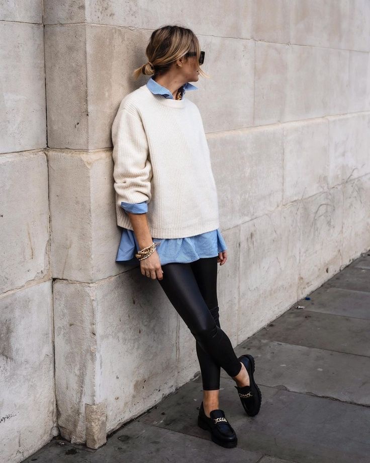 leather leggings with a denim shirt