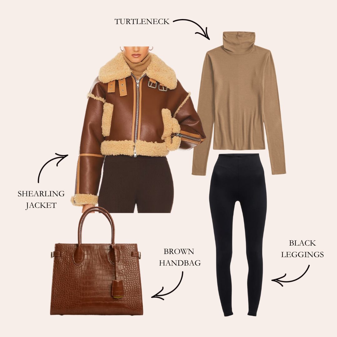 Black legging outfit with shearling jacket Black legging outfit with shearling jacket