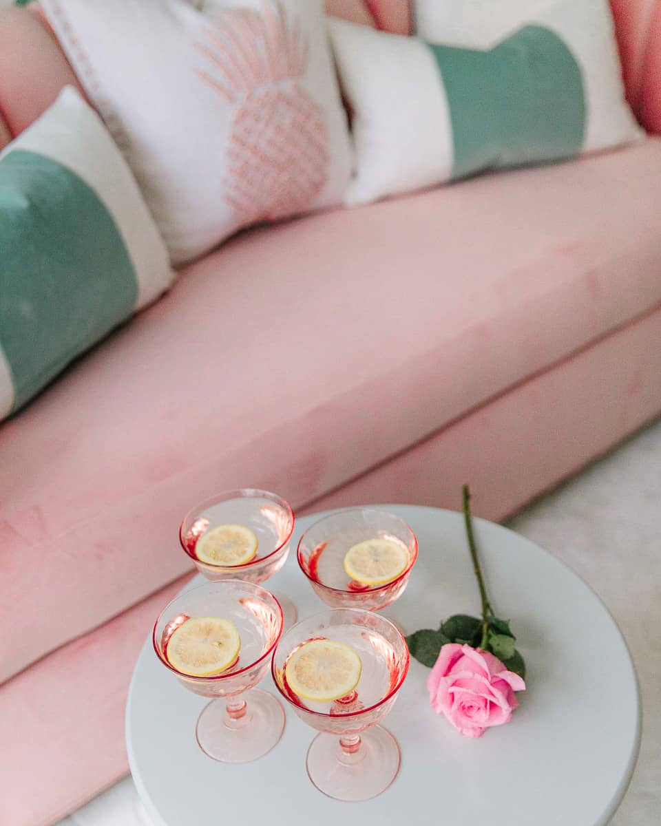 pink velvet couch martinis office