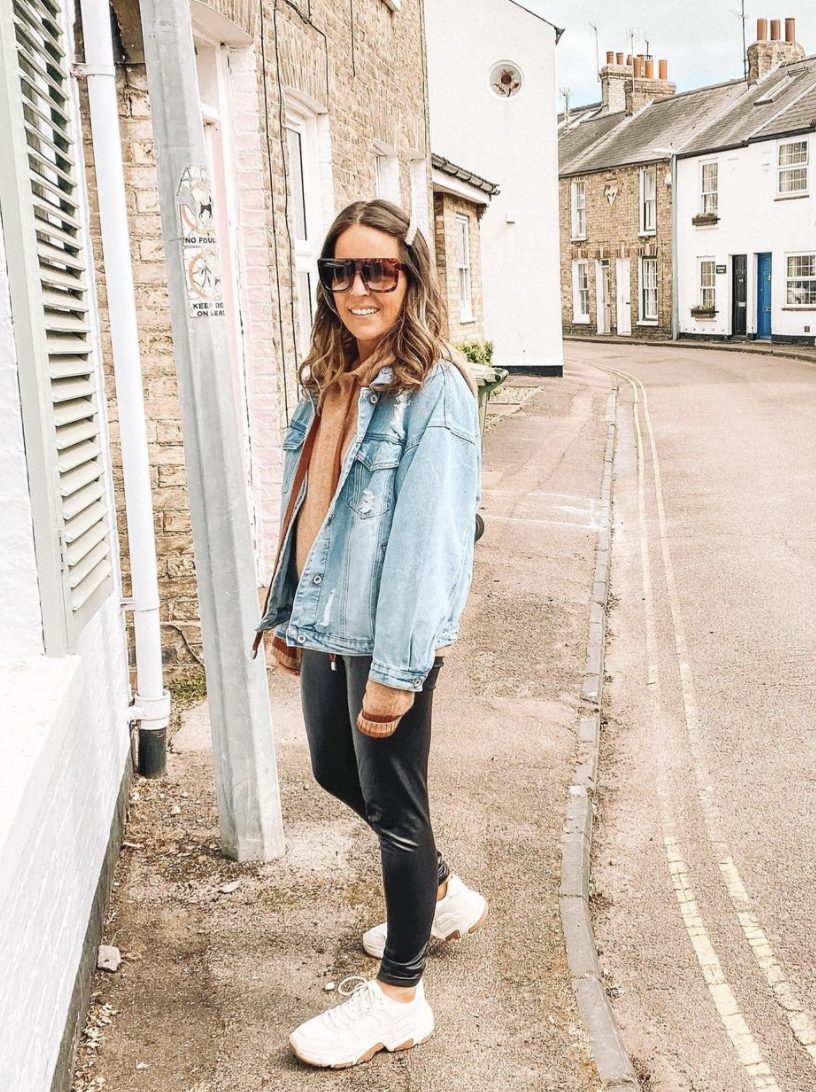 leather leggings with oversized sweatshirt leather leggings with oversized sweatshirt and jean jacket and white sneakers