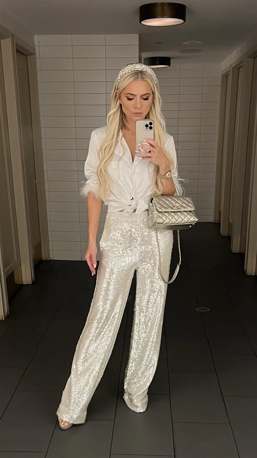 Statement Sparkle Pants outfit Statement Sparkle Pants + Festive Blouse Winter Date Night Outfit