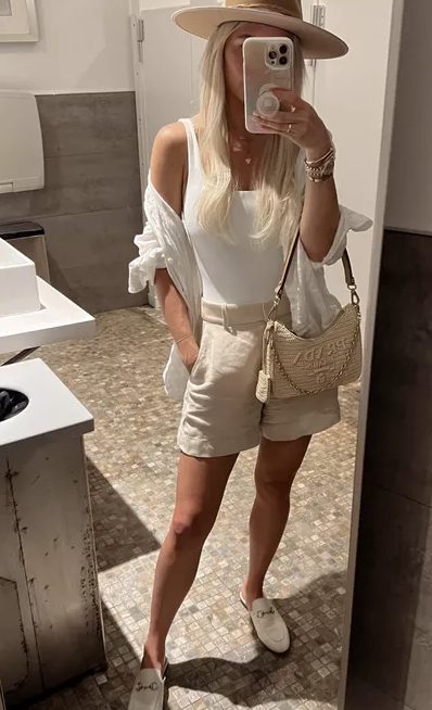 white tank top with linen shorts