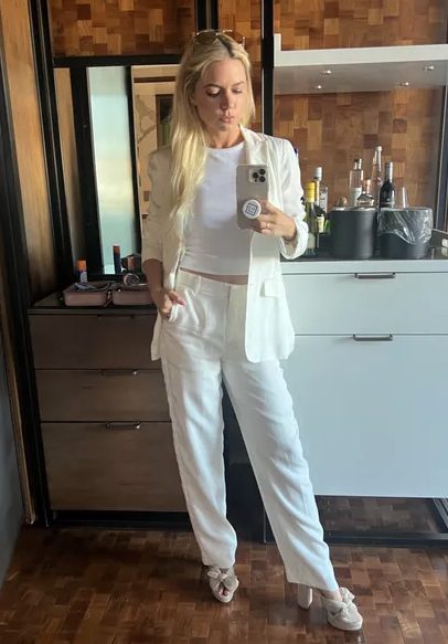white blazer outfit with matching white trousers
