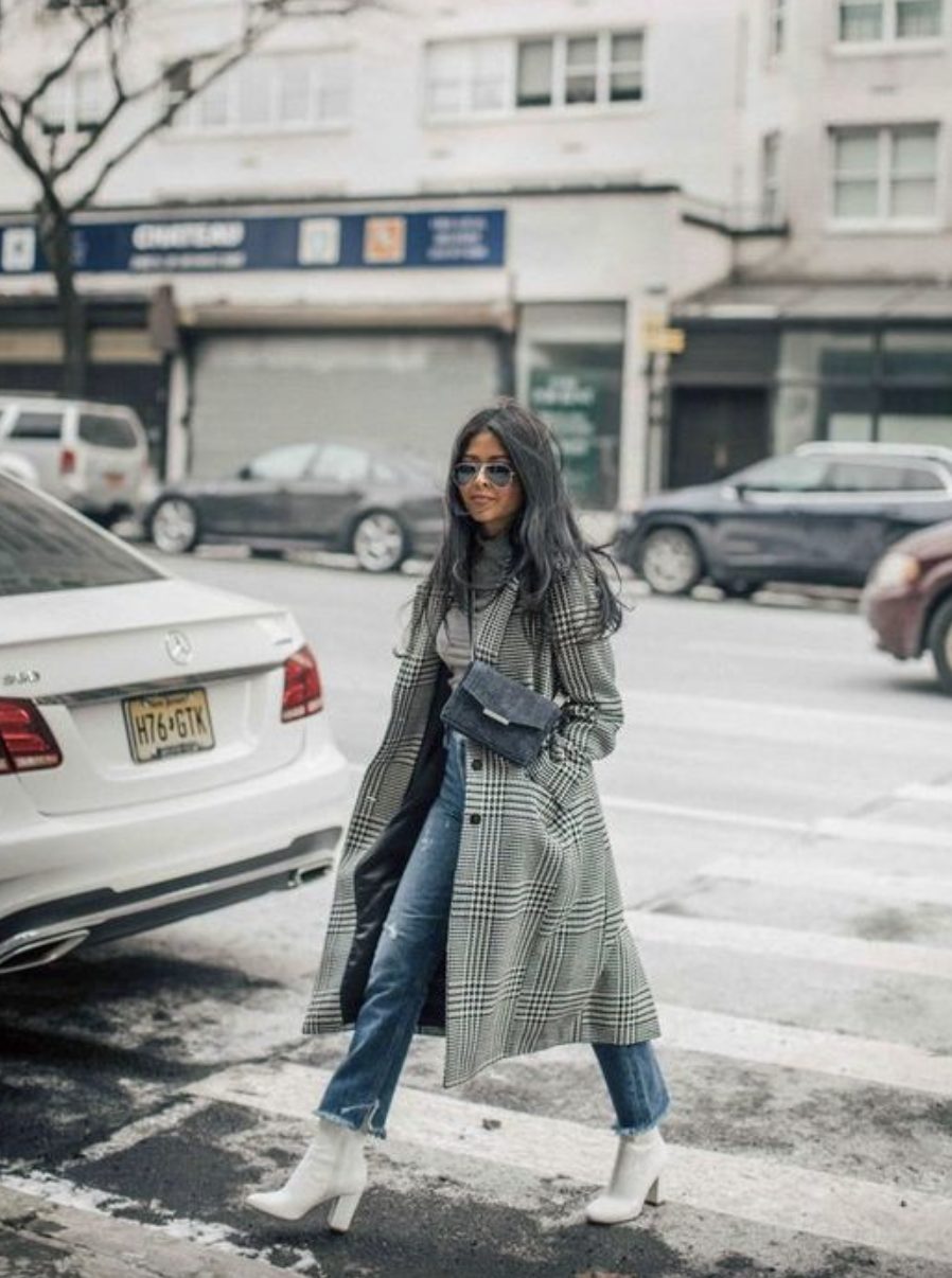 plaid trench coat white boots with jeans and a plaid trench coat
