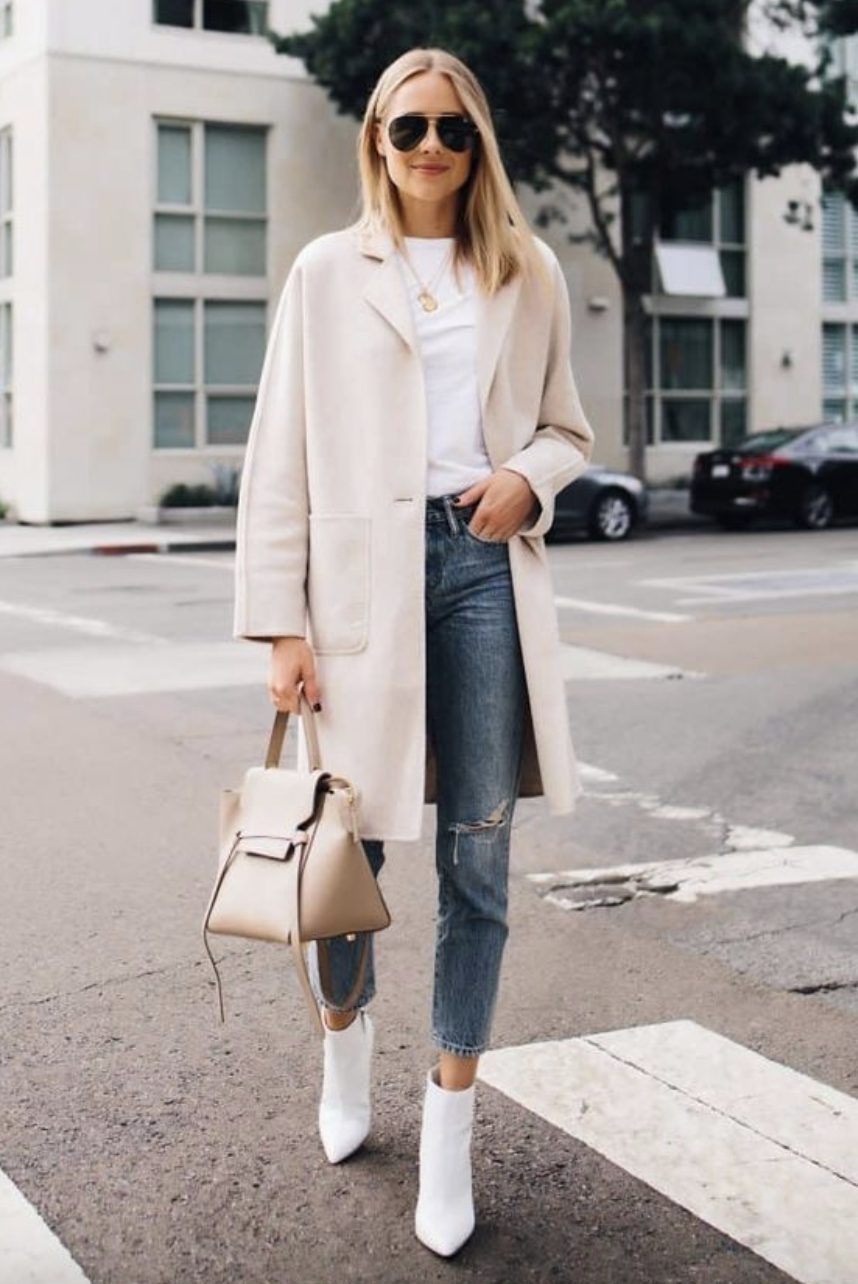 white boots with straight leg jeans white boots with straight leg jeans, white t-shirt, and a beige coat