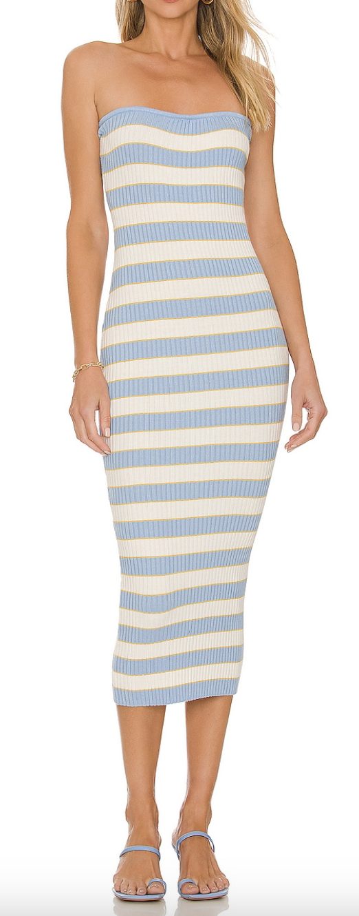 Ribbed Strapless Dress with blue and white stripes